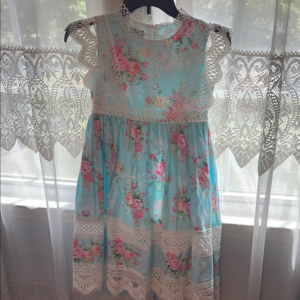 Floral Lace Kids Dress - Blue and Pink